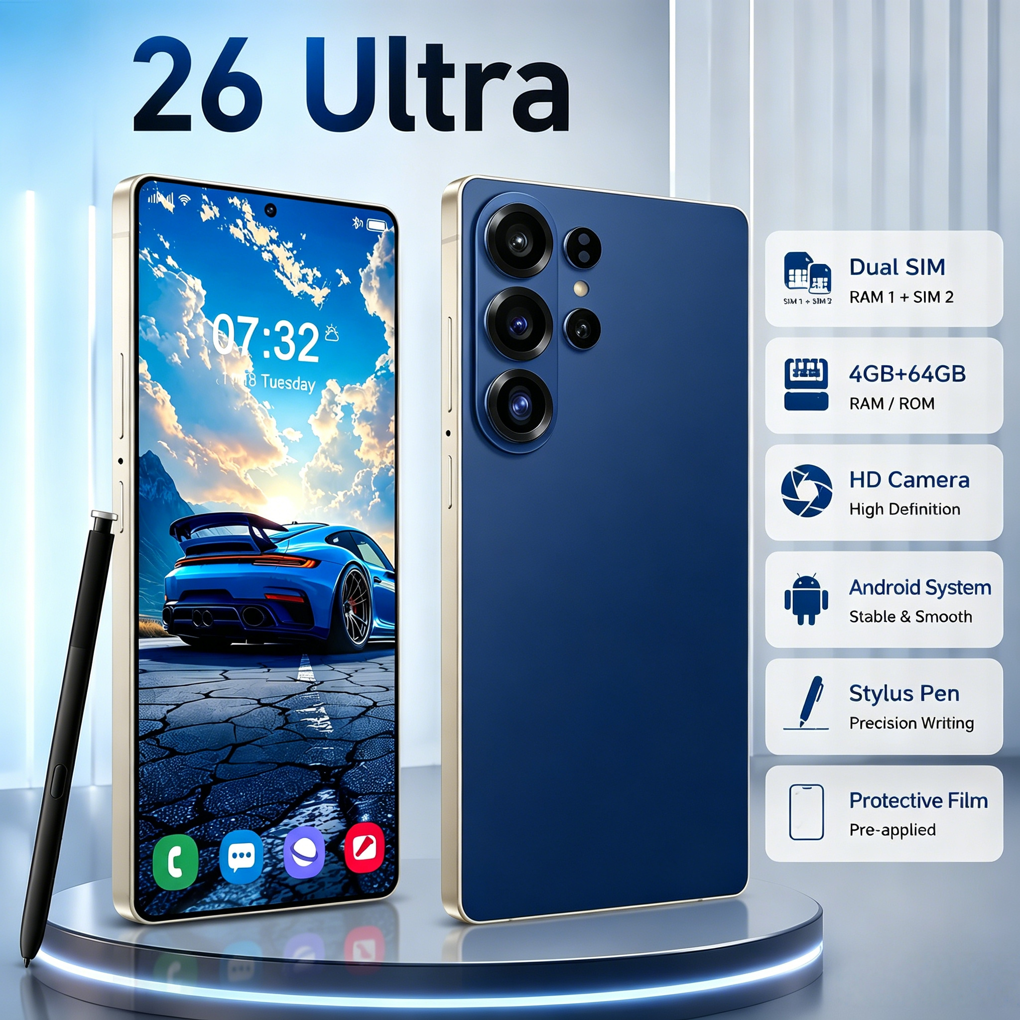 TEMU Smartphone 5G débloqué 26 Ultra, écran ultra HD à vue complète de 6,8 pouces, 4 Go de RAM + 64 Go de stockage, double SIM double , batterie de