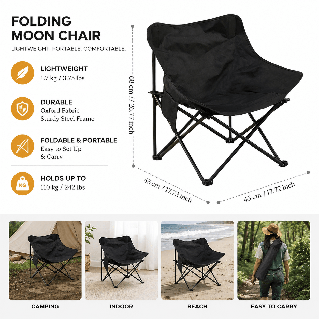 TEMU Portable Folding Camping Chair, Lightweight Foldable Camp Chair, Oxford Fabric Outdoor Chair with Strong Metal Frame, Compact Carry Chair,