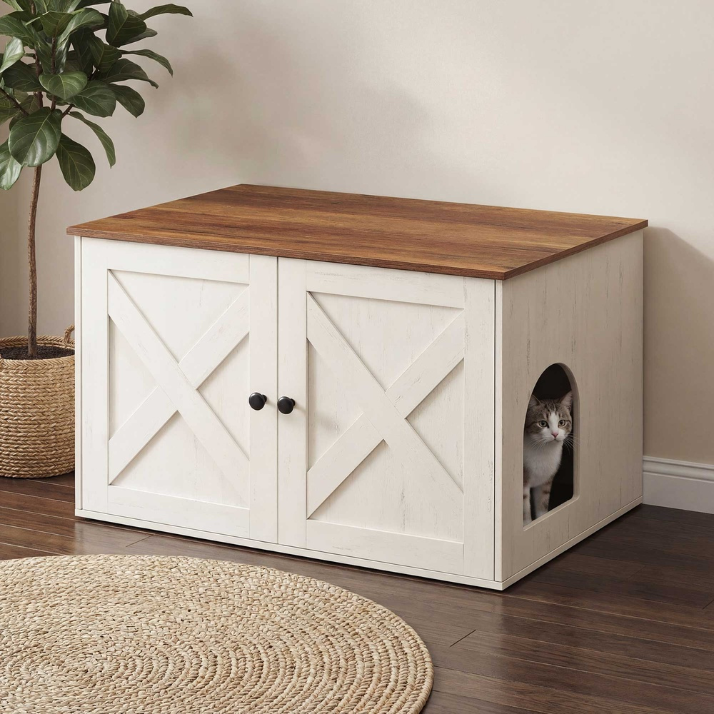TEMU Parc pour chat avec séparateur amovible, 'intérieur pour chat, table d'extrémité, marron miel et blanc rustique