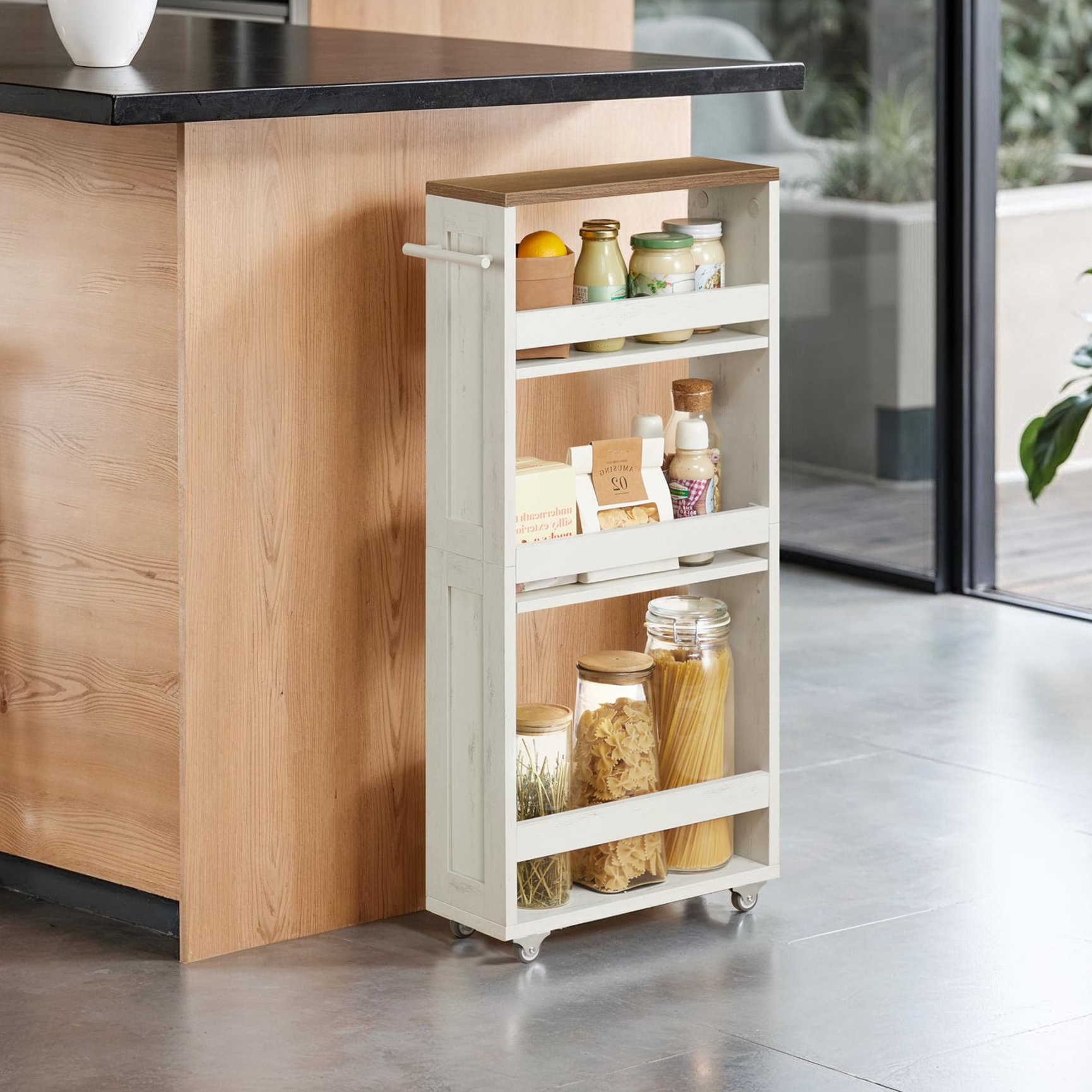 TEMU Chariot à roulettes Slim, Organisateur de rangement à 4 niveaux avec poignée, , Buanderie, Salle de bain, Blanc et Marron