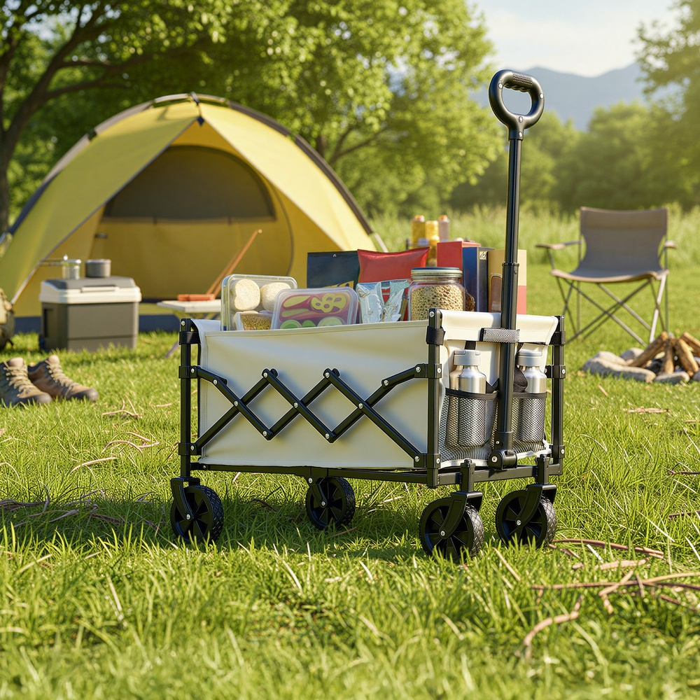 TEMU Chariot utilitaire d'extérieur, Chariot de jardin pliable 90 L avec poignée réglable, 4 roues, Camping, Robuste, Beige