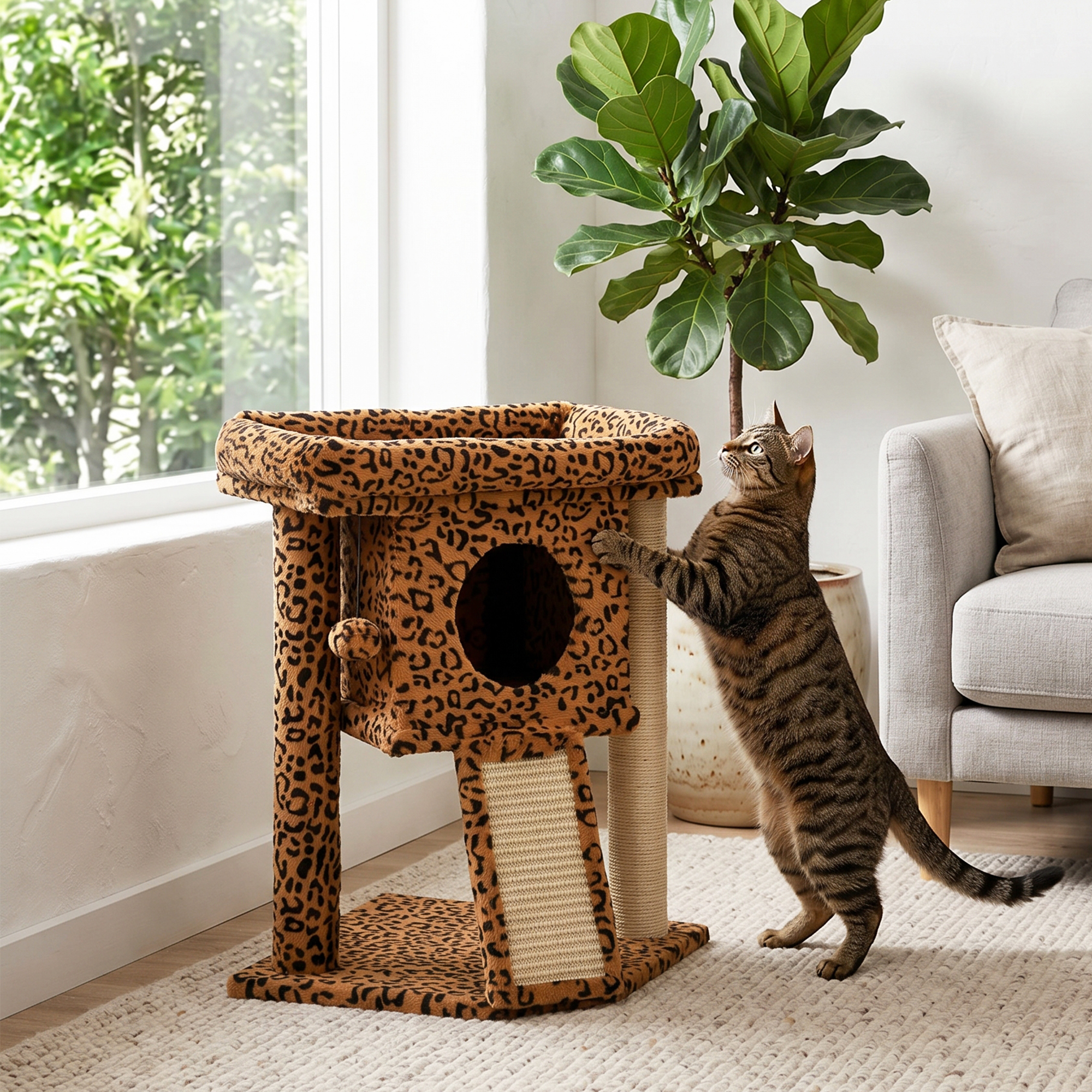 TEMU Arbre à chat, petite tour pour chat avec perchoir, griffoir, condo pour animal, balle jouet pour chaton, usage intérieur, imprimé léopard