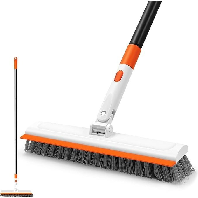 TEMU Brosse à récurer de en 1 avec raclette, manche long de 50,4 po, tête pivotante , poils rigides, balai pour carrelage, salle de bain, patio,