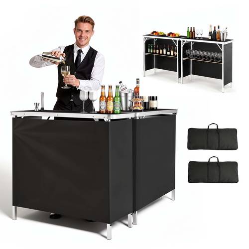 folding portable bar table 2 pcs 38 6 x 15 2 x 34 3 in with carry bag storage shelf detachable skirt setup foldable mobile bartending station for events party tradeshow