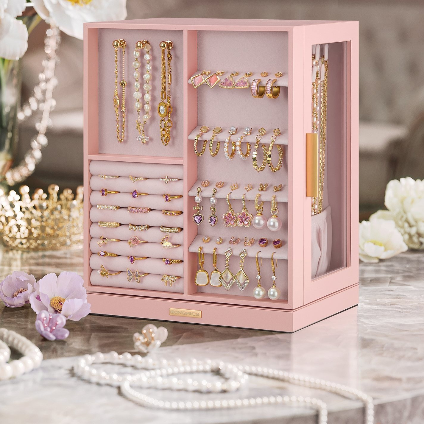 TEMU Boîte à Bijoux Rotative à 360°, Coffret de Rangement avec 5 Tiroirs, Rose Gélatine