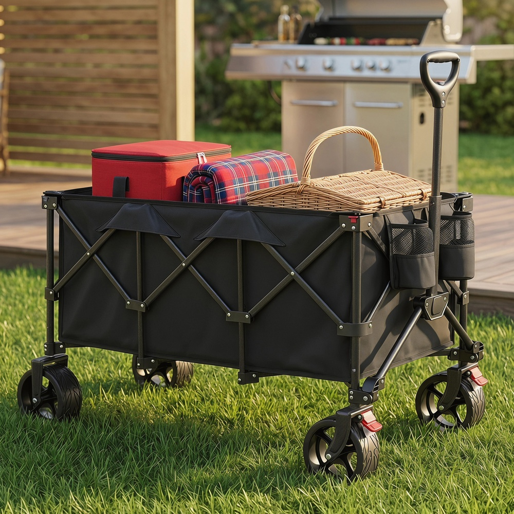 TEMU Chariot Pliable, Chariot Robuste, Chariot de Camping pour l'Extérieur, Grande Capacité, Noir