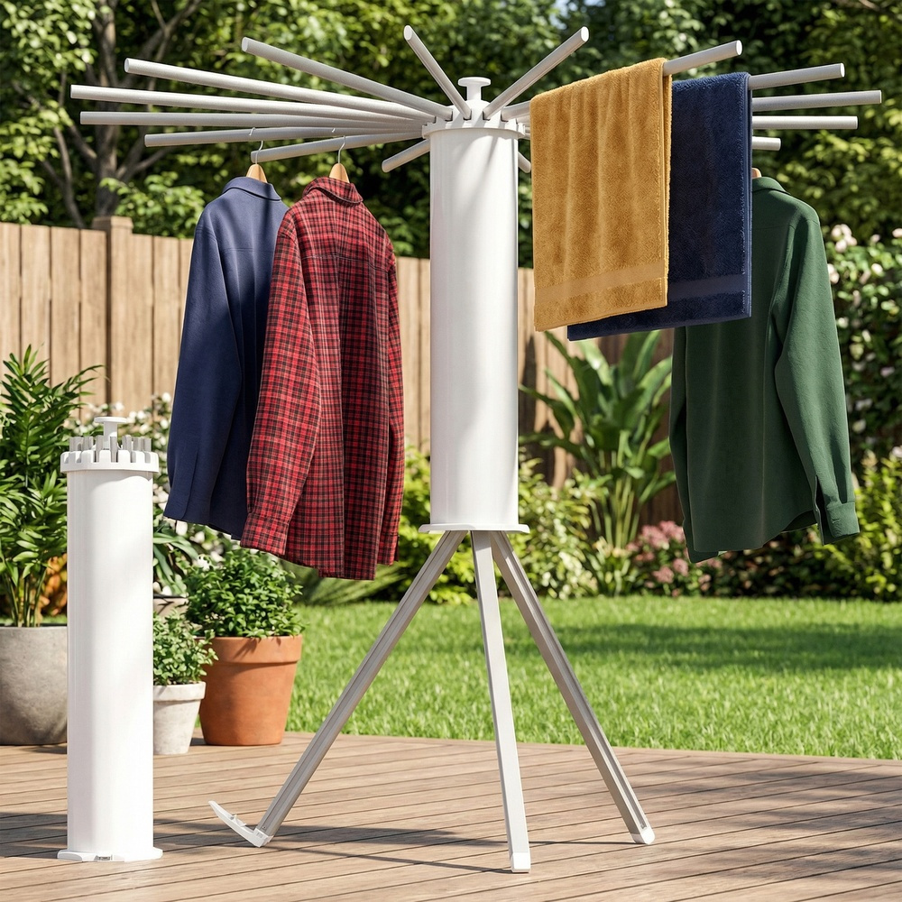 TEMU Chevalet à linge pliant, Support extensible, de place, Rotatif, Balcon Buanderie, Bras en aluminium, Argenté