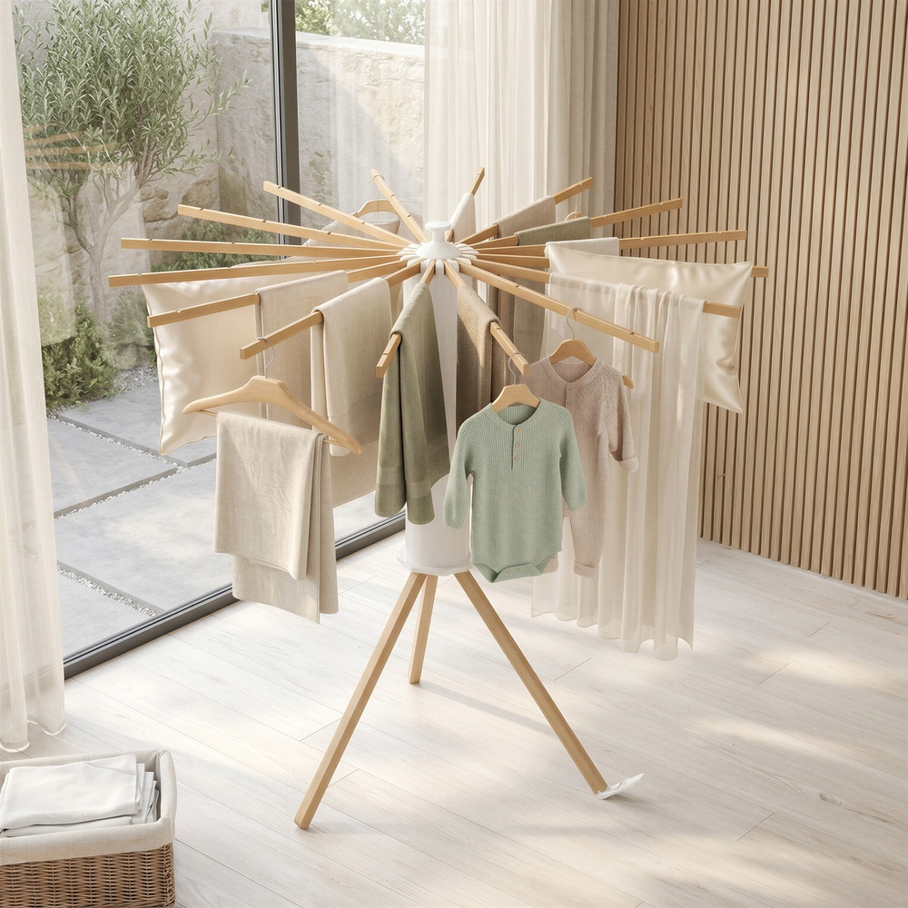 TEMU Chevalet à linge pliant, Support extensible, de place, Rotatif, Balcon Buanderie, Bras en bois, Couleur naturelle