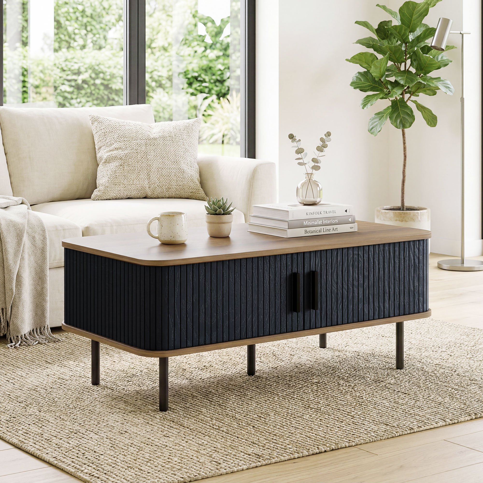TEMU Table Basse avec Rangement, Table d'Appoint Nordique avec Portes Coulissantes Tambour Cannelées et Pieds en Acier pour Salon, Mobilier de Bureau