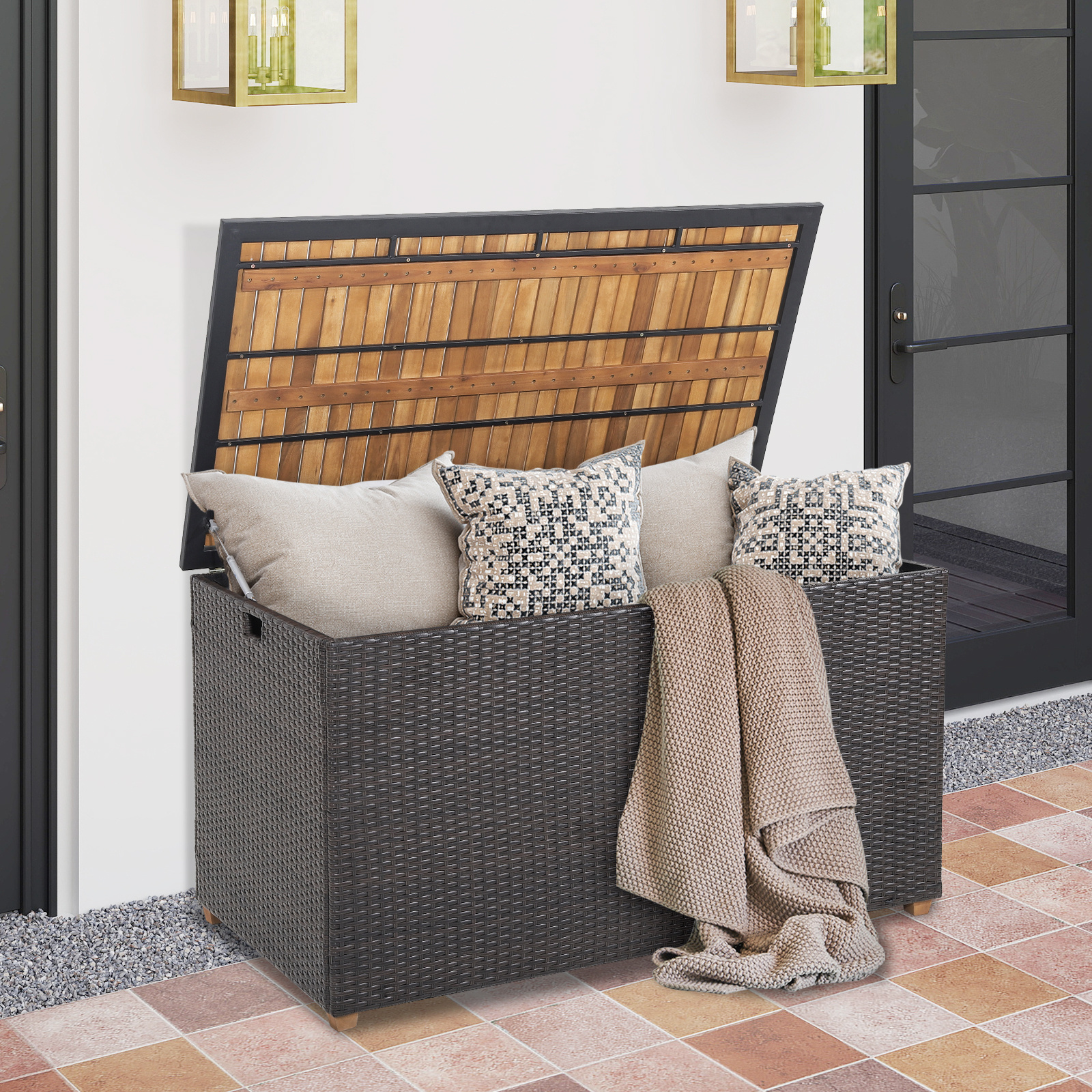 TEMU COSTWAY Boîte de Rangement Extérieure de 134 Gallons, Coffre de Patio en Rotin PE avec Bois d'Acacia et Doublure Zippée, Conteneur de Rangement