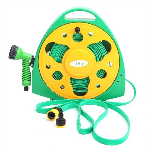 TEMU Kit de tuyau d'arrosage portable 15M avec bobine de stockage, 7 jets de pulvérisation, tuyau d'eau flexible en PVC robuste, tuyau plat à pour
