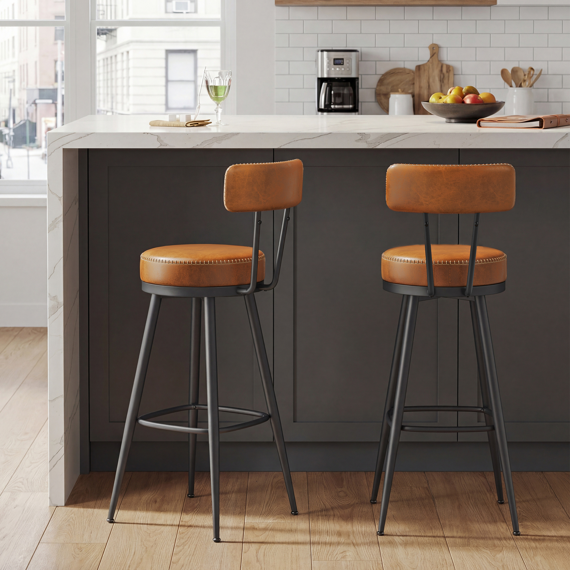 TEMU Bar Stools Set Of 2, Swivel Counter Bar Stools With Backs, Synthetic Leather With Stitching, Mid-century Modern, 30-inch Tall, Kitchen Home Bar,