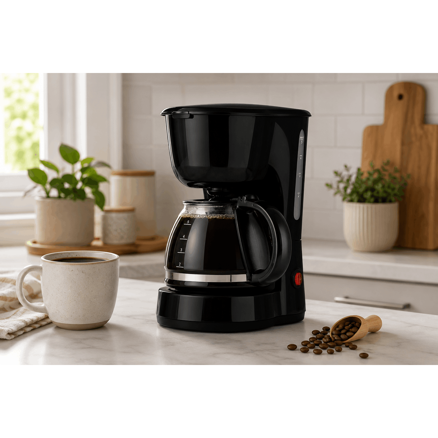 TEMU Machine à café iKEssentials 5 tasses, machine à café compacte noire à goutte avec carafe en verre, plaque de maintien au chaud et filtre