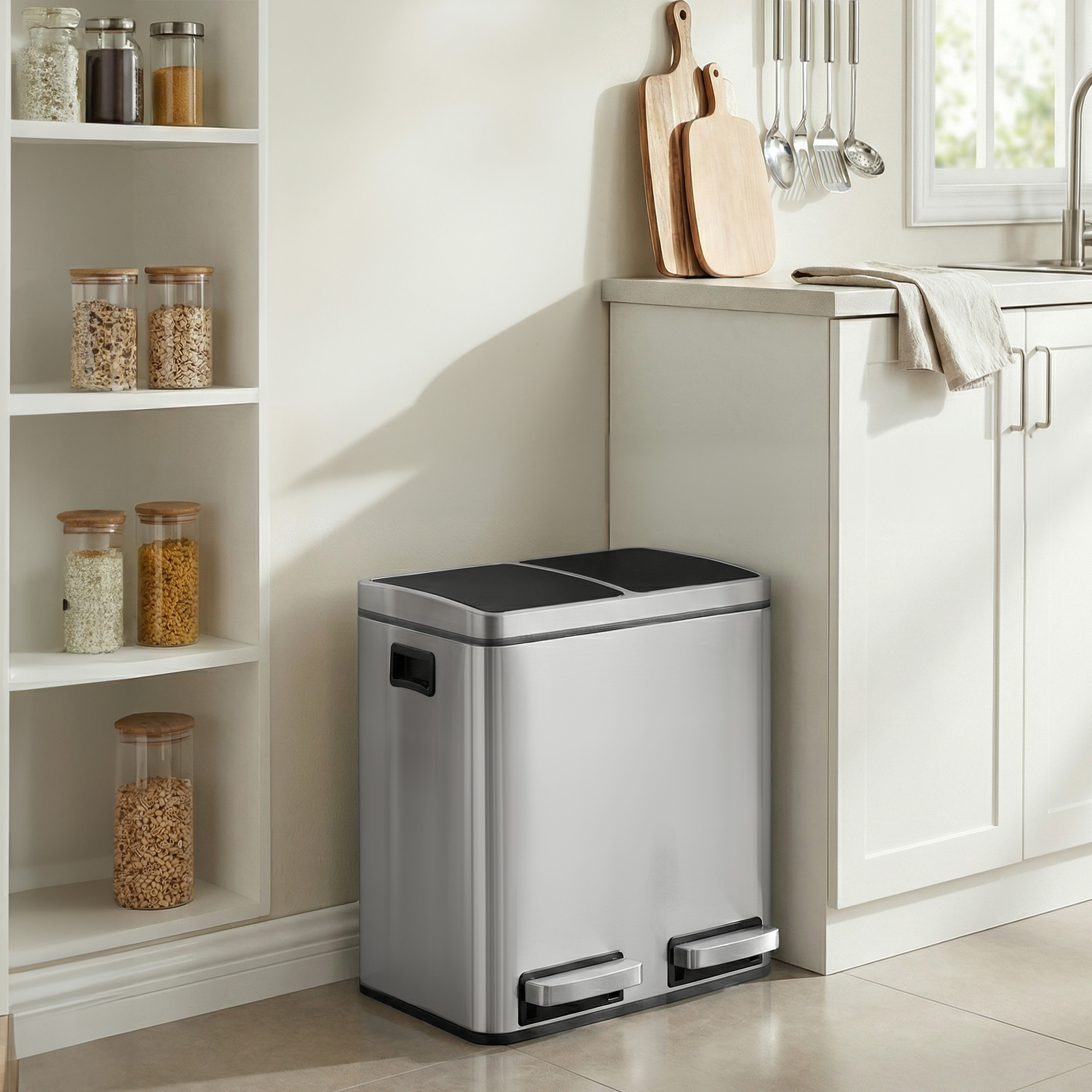 TEMU 2 x Poubelle Double de Cuisine 15 L, Bac à Déchets avec Péda pour et Ordures, Seaux Intérieurs, Fer Soft Close, Argent et Noir