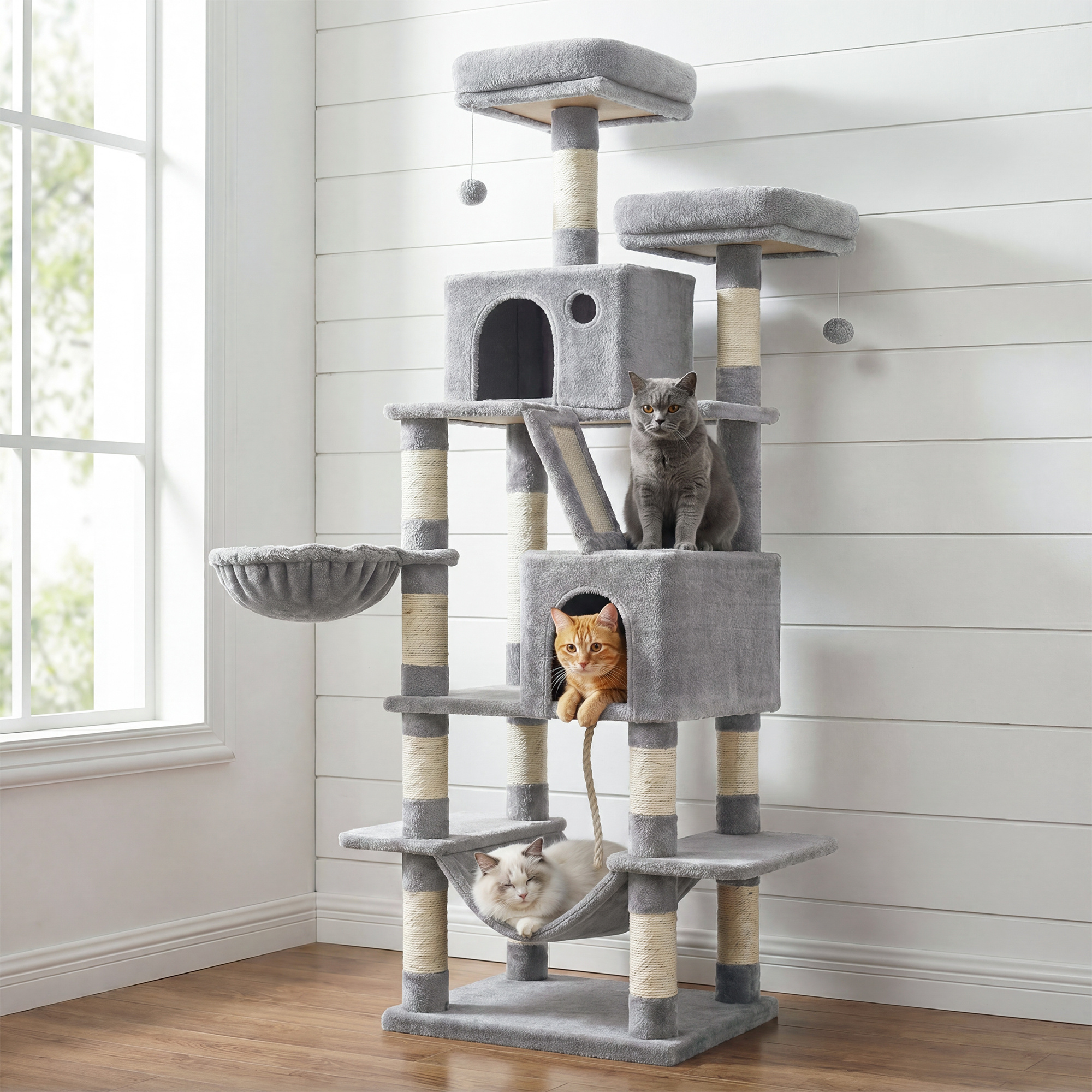 TEMU Cat Tree, 168 Cm Large Cat Tower Condo With 13 Scratching Posts, 1 Scratching Ramp, 2 Perches, 2 Caves, Basket, Hammock, Pompoms, Light Grey