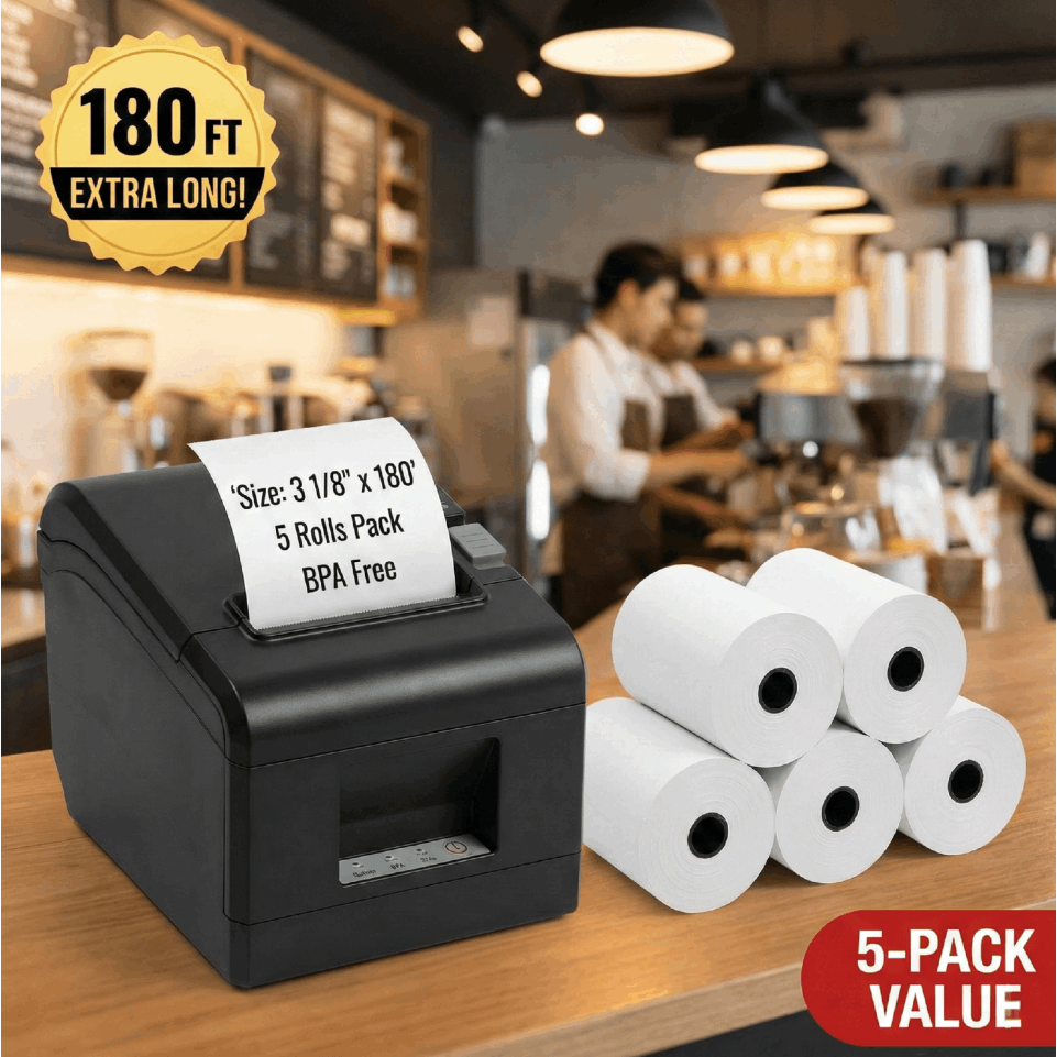 TEMU 5 Rouleaux de Papier Thermique pour Reçus - 3 1/8" x 180' (Largeur 80mm) - BPA, Papier d'Impression POS Blanc Premium pour Caisse Enregistreuse,