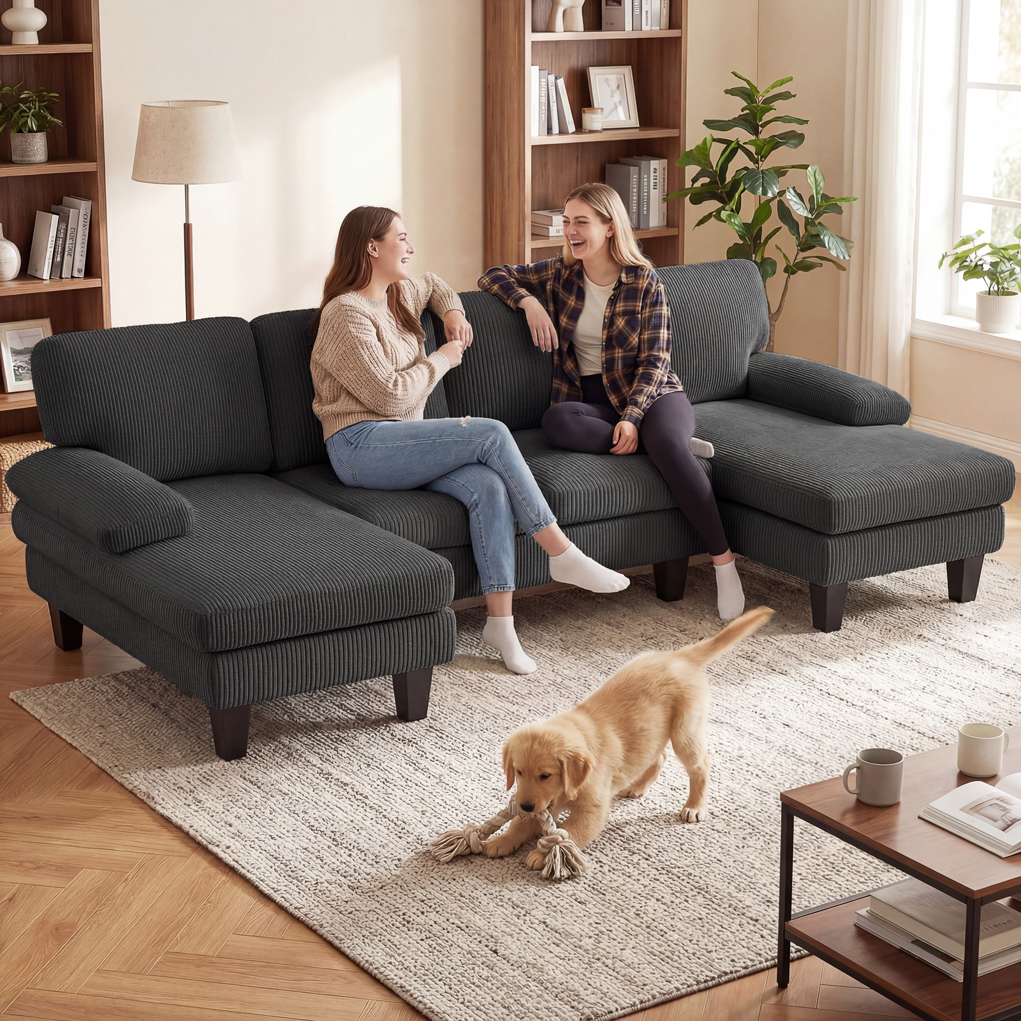 TEMU 106" Canapé Sectionnel, Canapé de U avec Chaise Double, Accoudoirs à Rembourrage et Coussins à Ressort, Canapé Sectionnel en Velours Côtelé pour