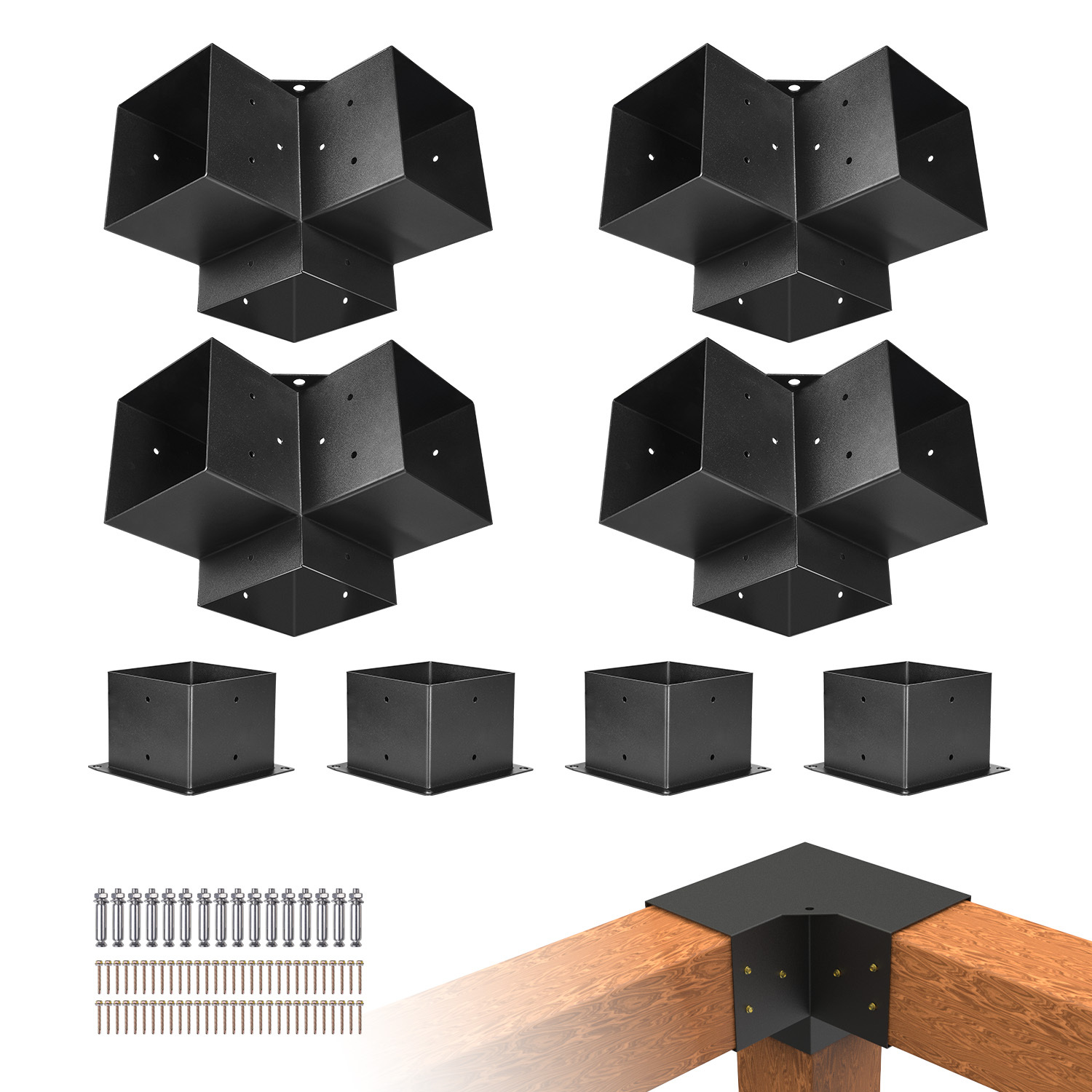 TEMU Kit de supports pour pergola VEVOR, 6x6 pouces (taille intérieure 142 x 142 mm), 8 pièces, équerres d'angle robustes à 3 voies pour menuiserie,