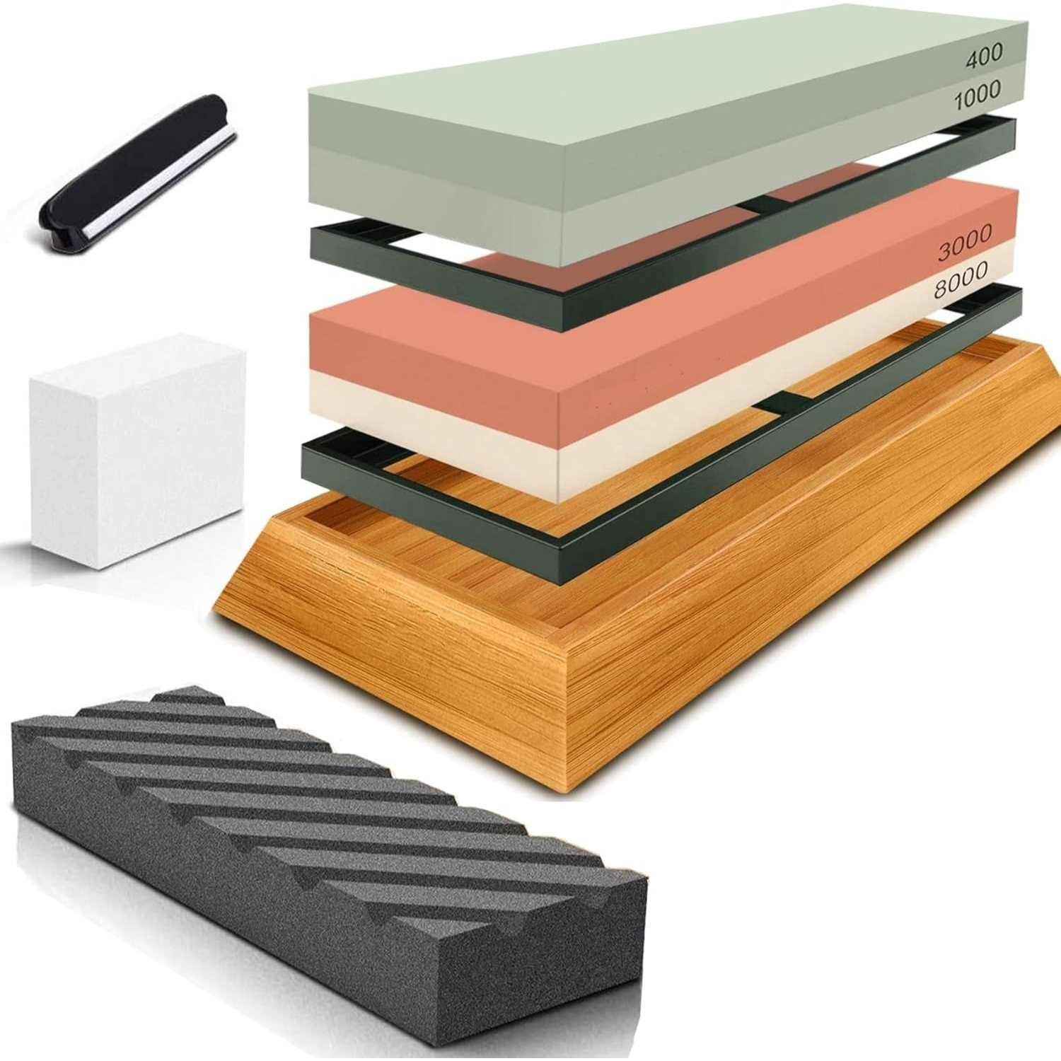 TEMU Ensemble à Aiguiser 2-en-1 à Aiguiser 3000/8000, Grain 400/1000 Kit à Eau - Ensemble à Aiguiser pour Couteaux avec Base en Bambou Antidérapante
