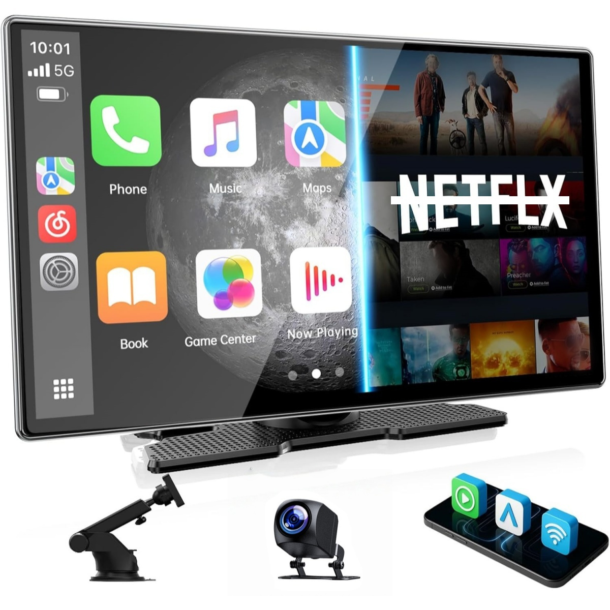 TEMU Écran Carplay Lamtto 9‘' pour Netflix/YouTube/TikTok avec caméra de recul compatible fil Apple Car Play et Android Auto, streaming vidéo