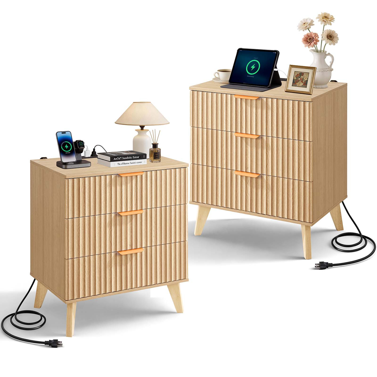 TEMU Vevor Fluted Nightstands With Charging Station, Set Of 2, Dresser For Bedroom With 3 Drawers, Mid Century Modern End Table, Bedside Cabinet Side