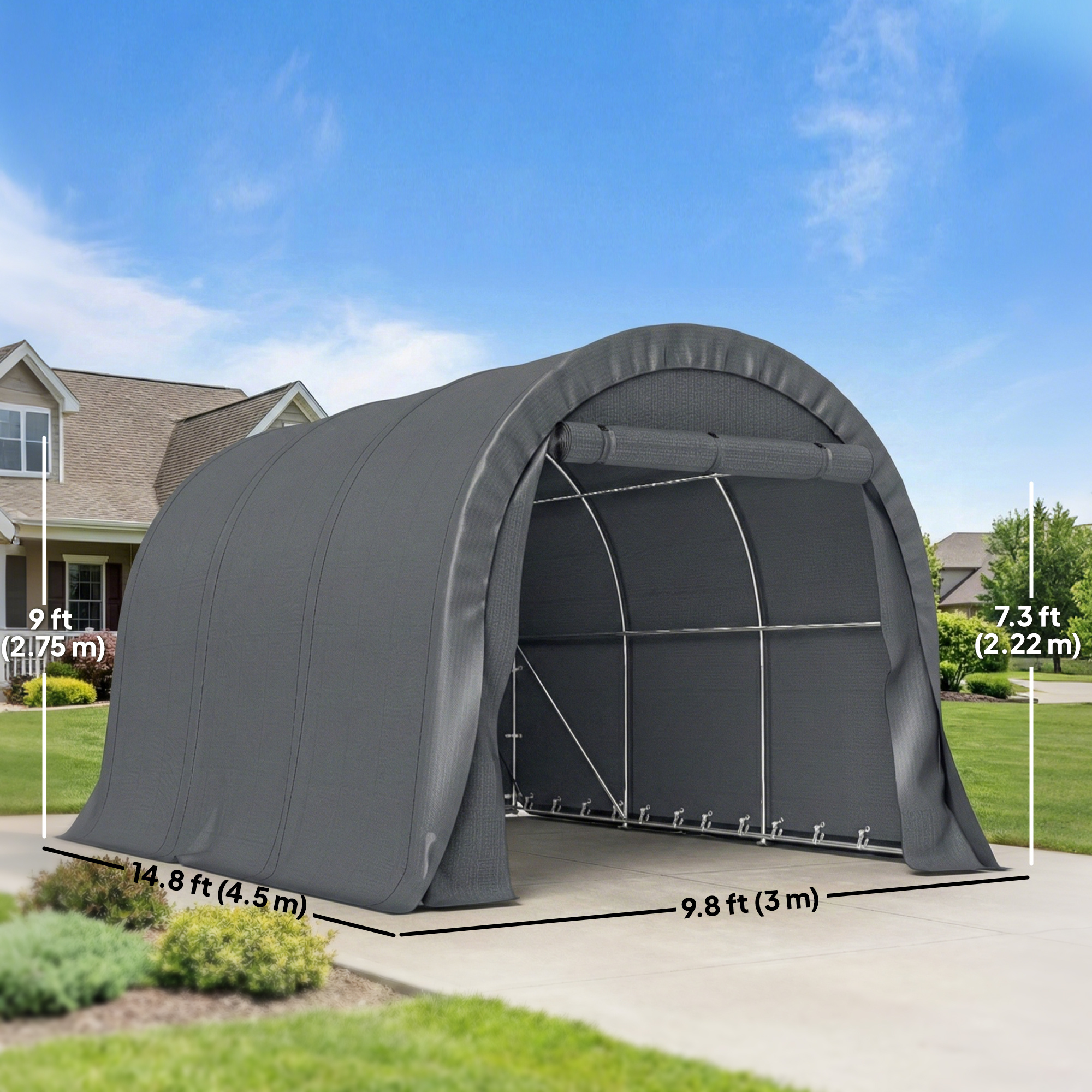   10 x 15 heavy duty carport portable garage car canopy tent shelter with roll up zipper door reinforced galvanized frame tension cord for car garden tools dark grey