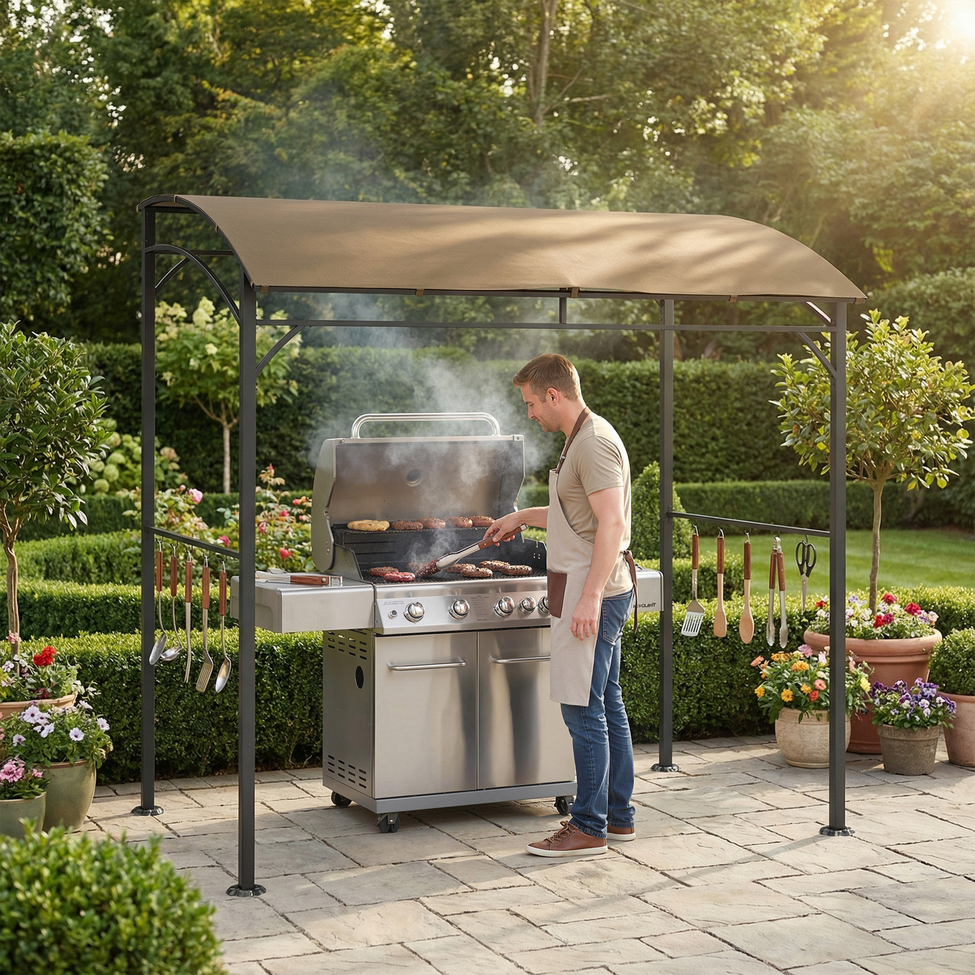 TEMU Tente Gazebo BBQ 7' x 5', Canopy de Jardin avec Cadre en Acier et Crochets, Pare-Soleil d'Extérieur, Café Foncé