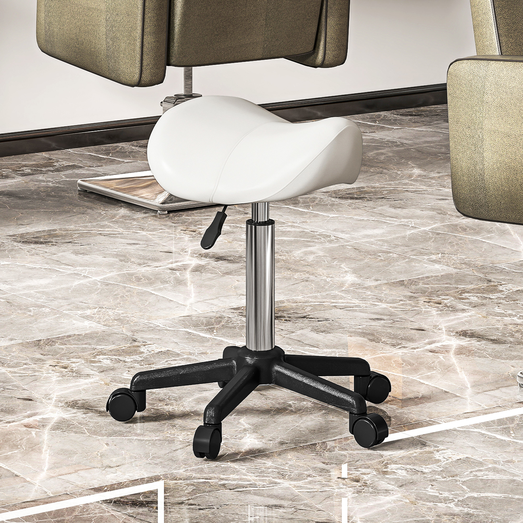 TEMU Tabouret Selle, Tabouret Roulant en Cuir PU avec Roulettes, Chaise de Salon Réglable pour Cuisine, , Bar, Bureau à Domicile, Massage, Blanc