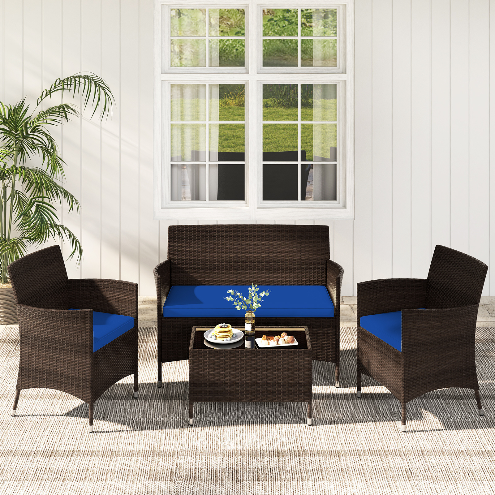 TEMU Ensemble de Mobilier de Jardin COSTWAY 4 Pièces, Canapé Sectionnel en Rotin PE avec Table Basse en Verre Trempé, Coussins Rembourrés Doux,