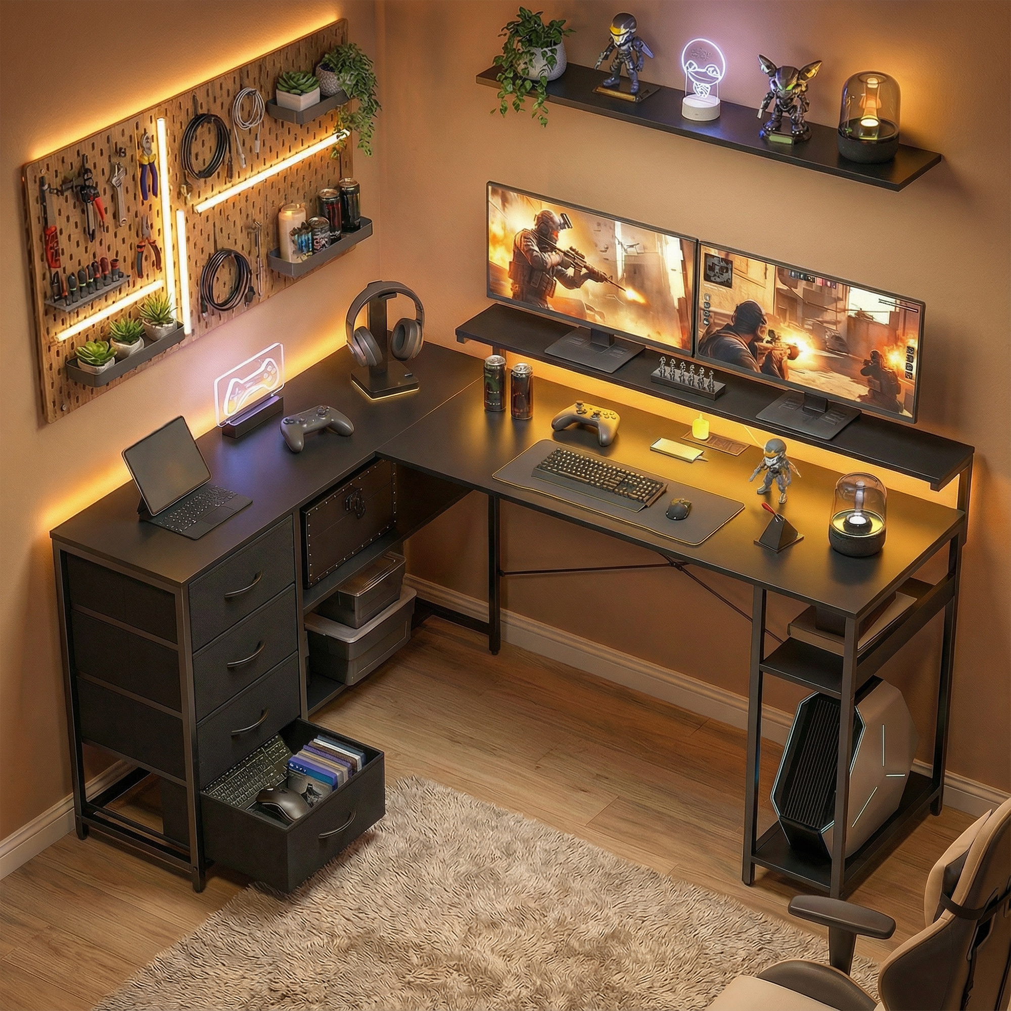 TEMU Bureau de jeu de L de 61 pouces, station de travail réversible pour ordinateur avec prises de , lumières LED, 4 tiroirs et support de moniteur