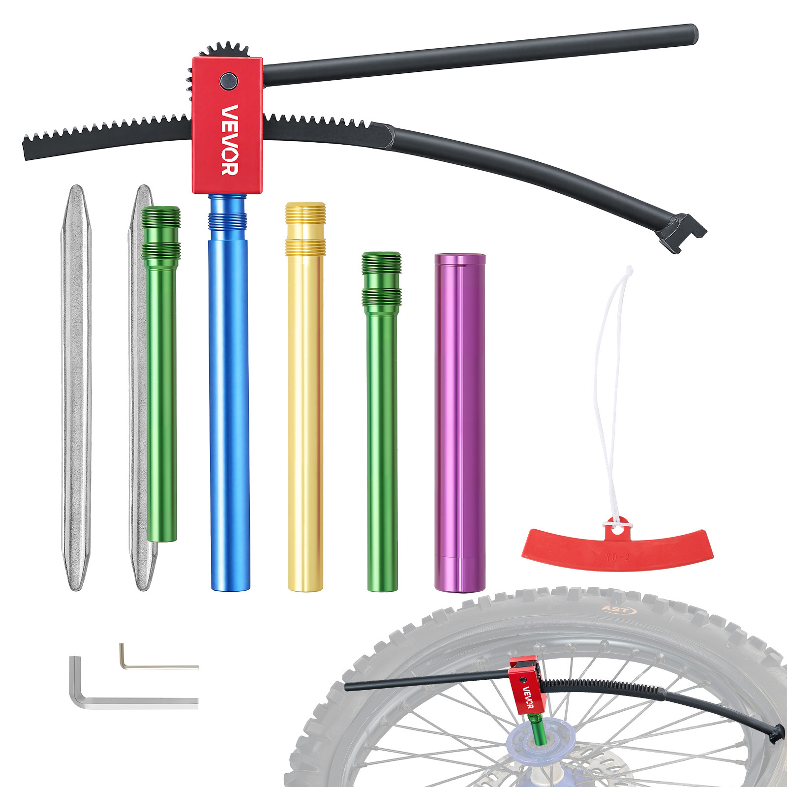 TEMU Kit d'outils de changement de pneu VEVOR pour motocross et enduro, adapté aux roues de 16" à 21", inclut des adaptateurs d'essieu de 15 à 25 mm,