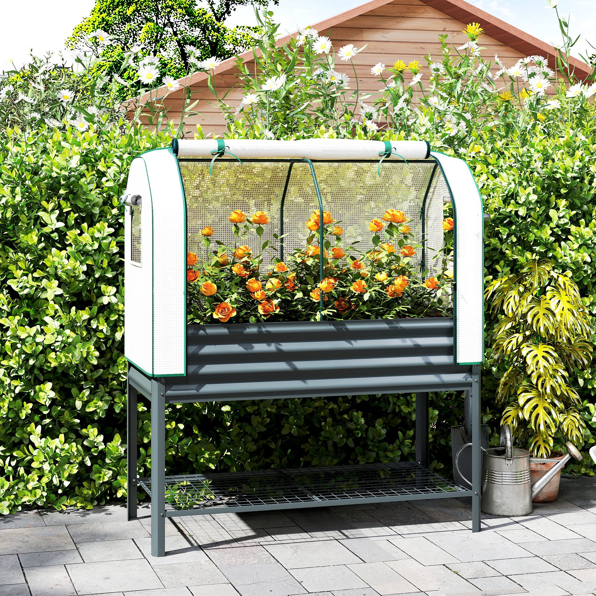 TEMU Jardin surélevé galvanisé avec abri de serre, jardinière extérieure surélevée en métal avec pieds, revêtement de lit et étagère inférieure pour
