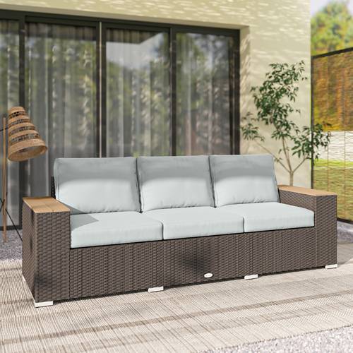 3 seat outdoor couch with cushions pe rattan patio couch with wood grain armrests outdoor sofa for porch sunroom garden poolside grey