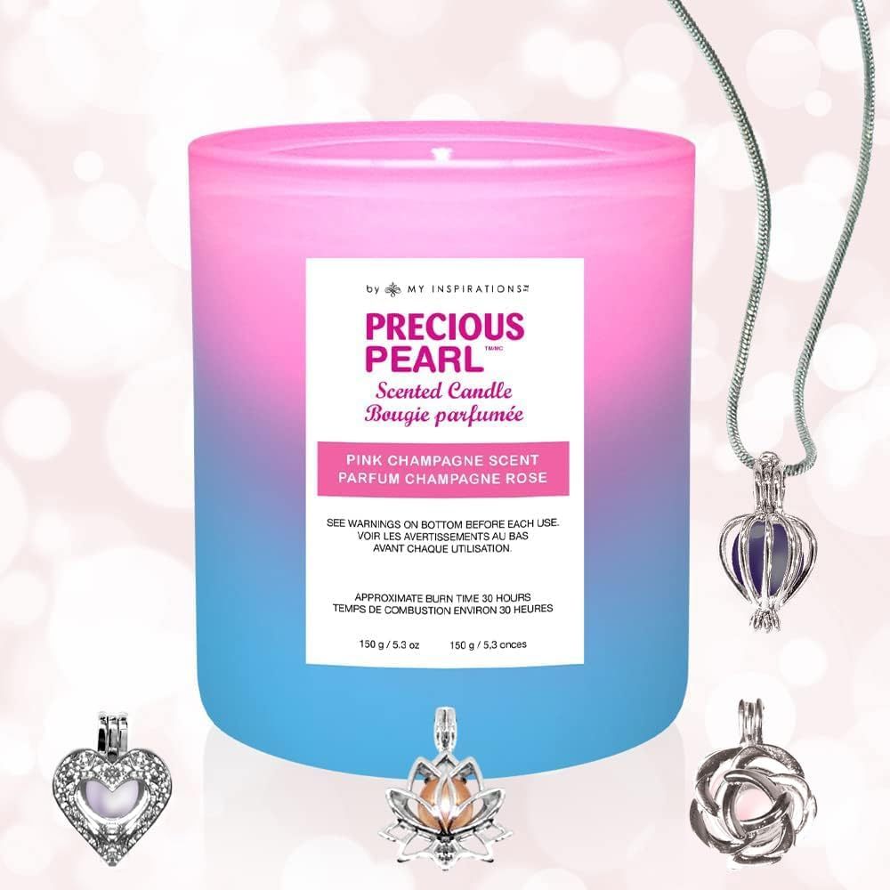 TEMU par – Bougie Parfumée en Soja 150g avec Collier de Perles Surprise – Champagne Rose (Parfum Orange Pêche) – Cadeau d'Aromathérapie pour la Fête