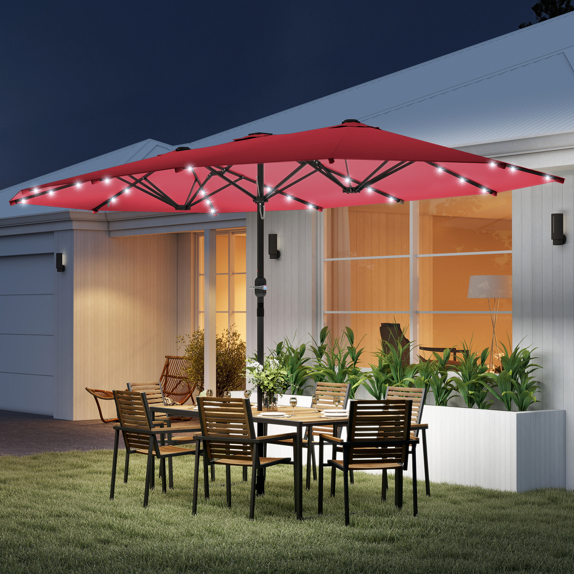 TEMU Parasol de jardin double face 14,5 pi, parasol de patio ombrage extérieur avec lumière solaire LED, base non incluse, rouge vin