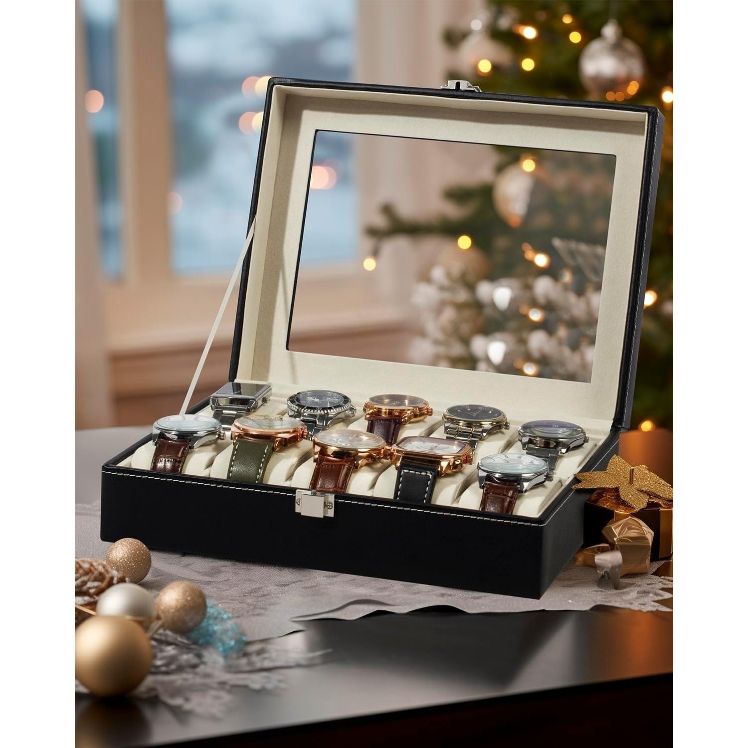 TEMU Boîte de présentation pour montres à 6/10 compartiments, boîte de rangement - Fenêtre transparente, doublure en cuir souple anti-humidité et