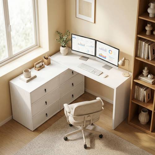 l shaped computer desk with 6 drawers 87 4 with 1 2 thick tabletop office table for study room bedroom white wood grain