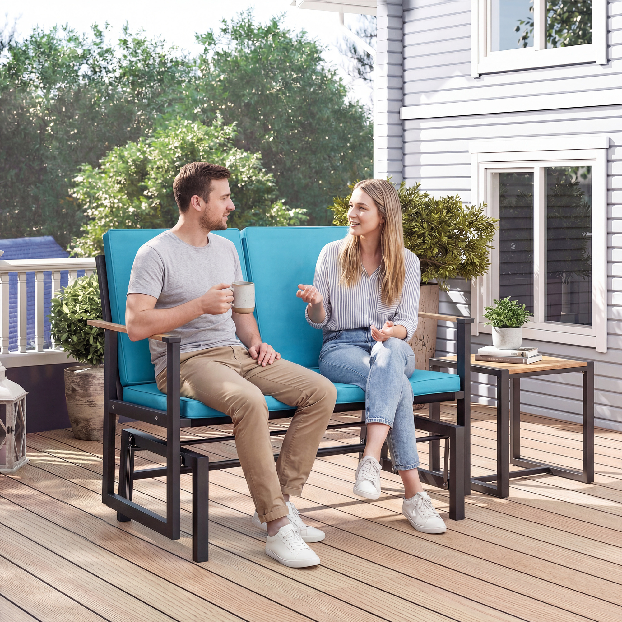 TEMU Banc Amovible d'Extérieur avec Coussins Épais, Canapé de Patio pour 2 Personnes, Fauteuil Glissière de Jardin avec Tissu en Respirante, Bleu