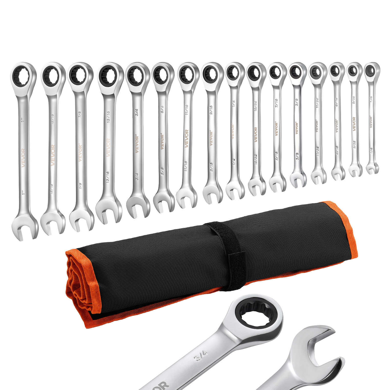 TEMU Vevor Combination Wrench Set, 16-piece Sae Sizes, 72 Teeth, Steel Ratcheting Wrench Set, With Roll Up Pouch, Open End, Clear Size Labels, For