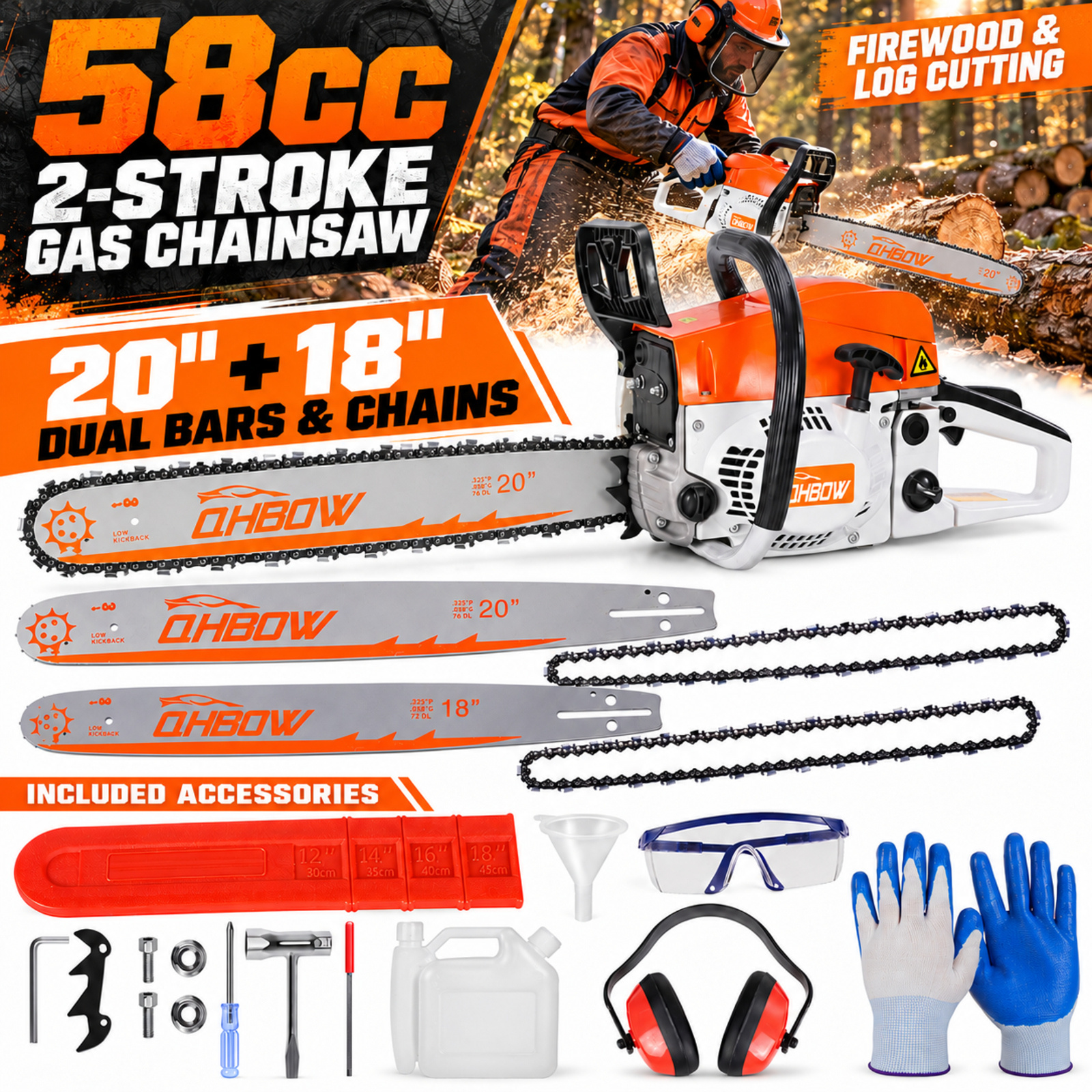 TEMU Tronçonneuse à essence 58cc 2 temps, tronçonneuse à chaîne à essence avec kit combiné de chaînes et de guides de 20 et 18 pouces, tronçonneuse