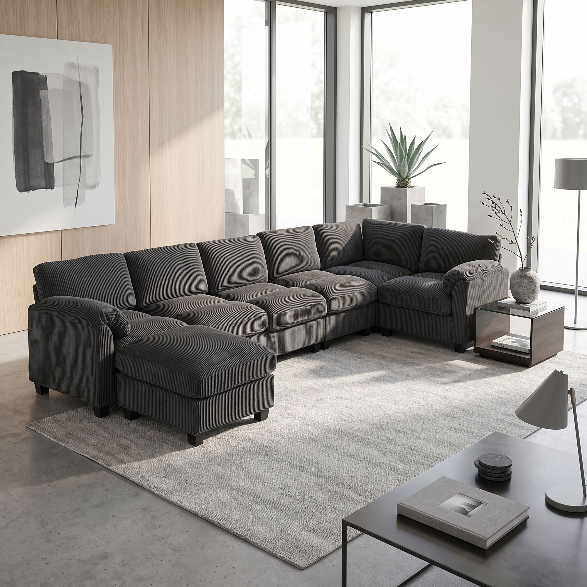 TEMU Canapé , 115"x88" Canapé en U Surdimensionné avec Coussin à Ressorts, Accoudoirs Épais, Pouf Mobile, Canapé d'Angle en Velours Côtelé Doux pour