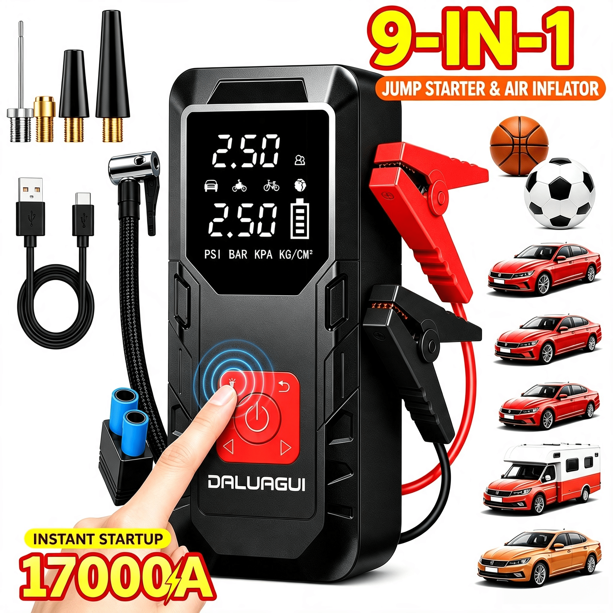 TEMU Démarreur de voiture universel 10000A/15000A/17000A et compresseur d'air en un, gonfleur de pneu numérique portable avec affichage du niveau de