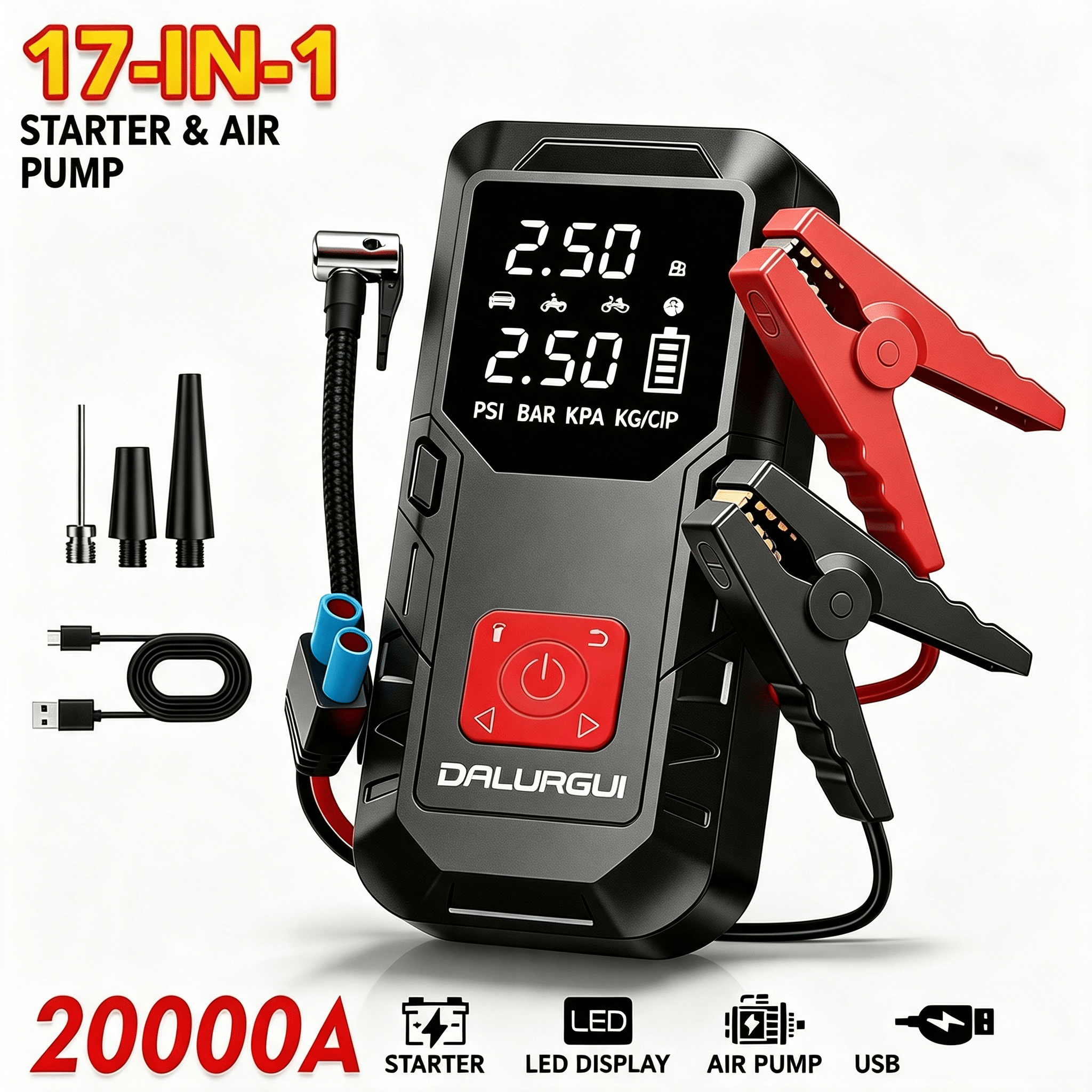 TEMU 16000a/18000a/20000a Sevntiin Een Wan Car Powa (wid Air Pump) Multifunction Unit, It Ave Tire Inflator, Led Light, Power Bank Function; 12v Gas