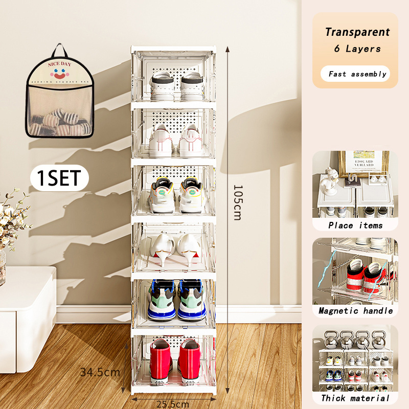 TEMU Boîte à chaussures pliante à 6 niveaux - de place, anti-poussière, organisateur de rangement avec porte pour entrée, chambre, maison, dortoir -