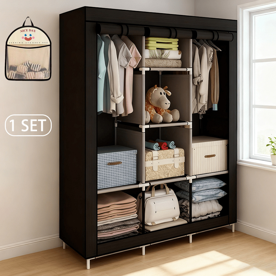 TEMU Garde-robe Portable Organisateur de Vêtements en Tissu Non Tissé avec 6 Étagères de Rangement, 2 Sections Suspendues et 4 Poches Latérales,