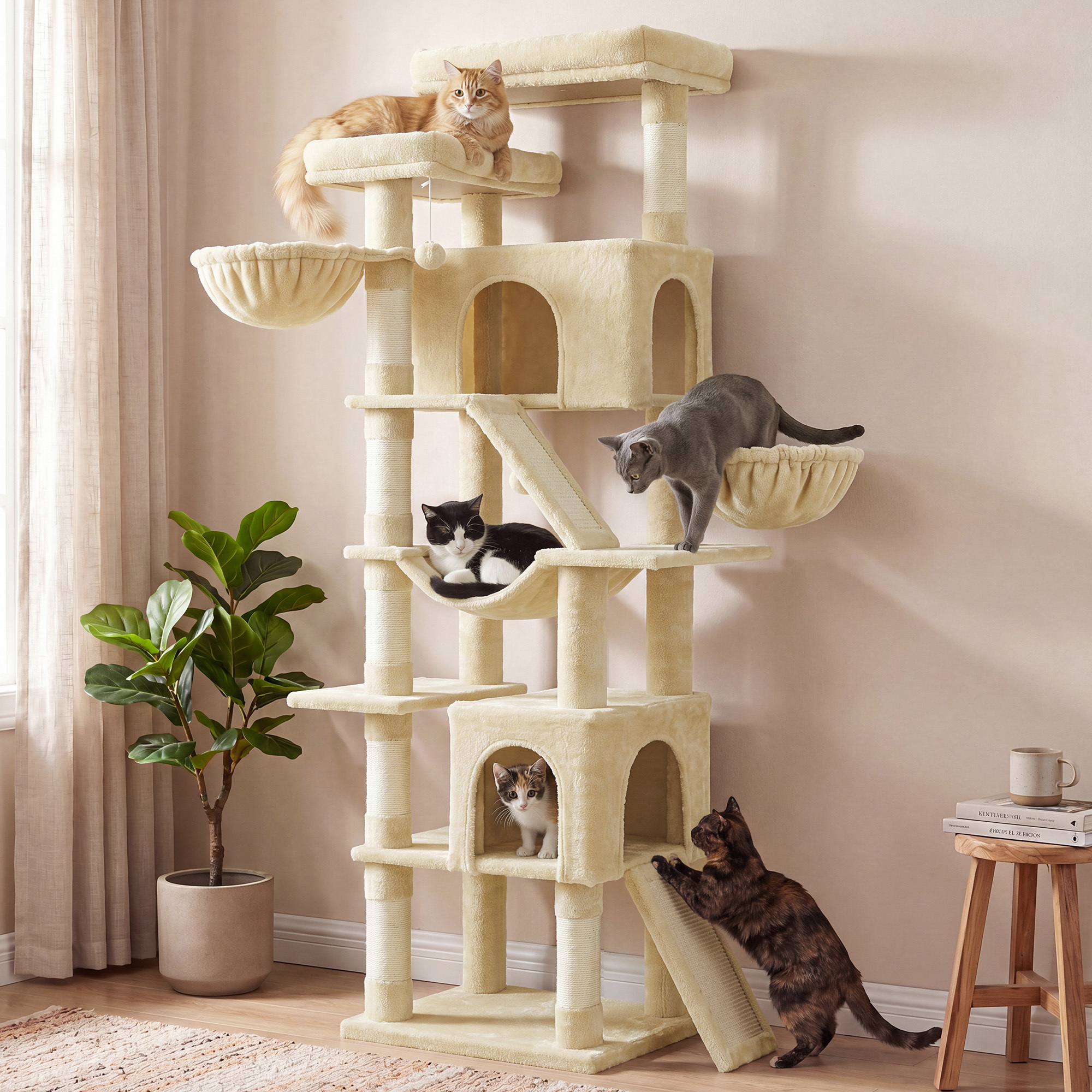 TEMU Arbre à chat multi-niveaux pour grands chats, centre d'activité haut avec griffoirs en sisal, 21.6 x 17.7 x 81.1 pouces, beige