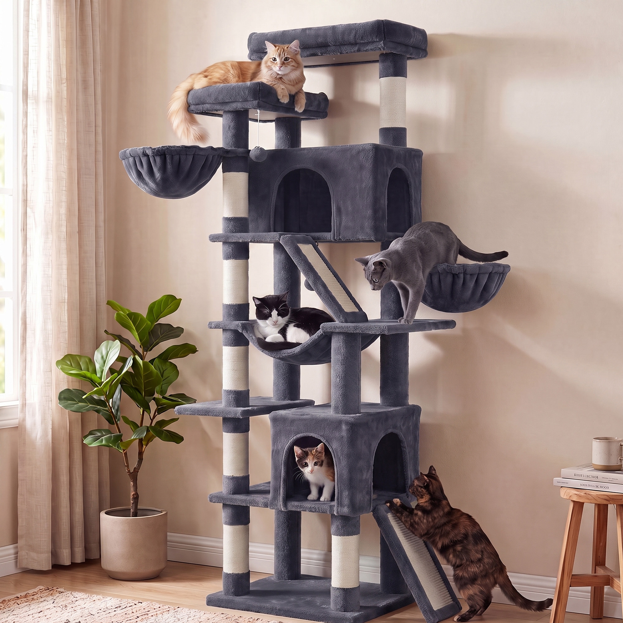 TEMU Arbre à chat multi-niveaux pour grands chats, centre d'activité haut avec griffoirs en sisal, 21.6 x 17.7 x 81.1 pouces, gris foncé