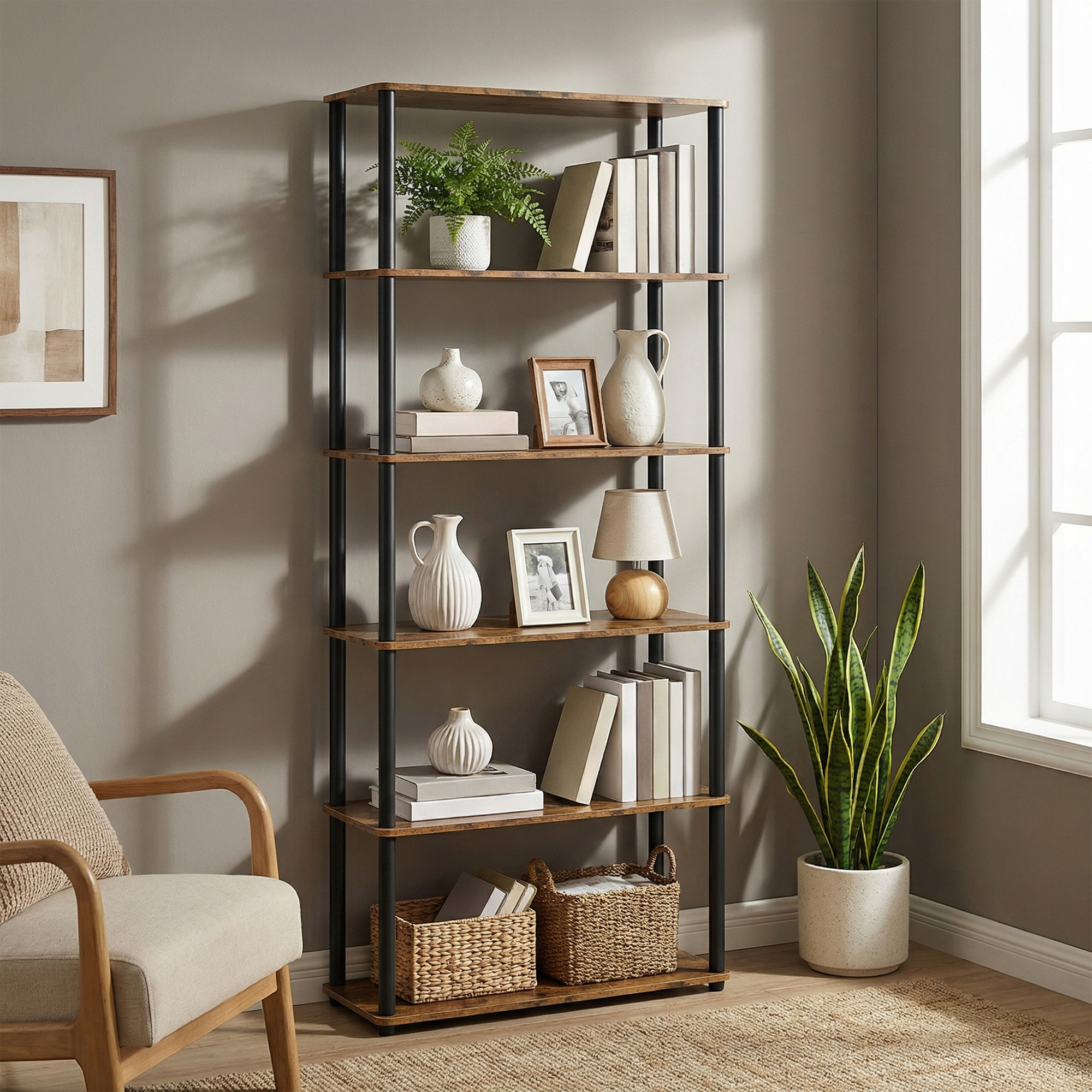 TEMU 6-tier Narrow Bookshelf, Steel And Particleboard Storage Shelf For Small Spaces, 23..4 X 68.3 Inches, Tan And Black