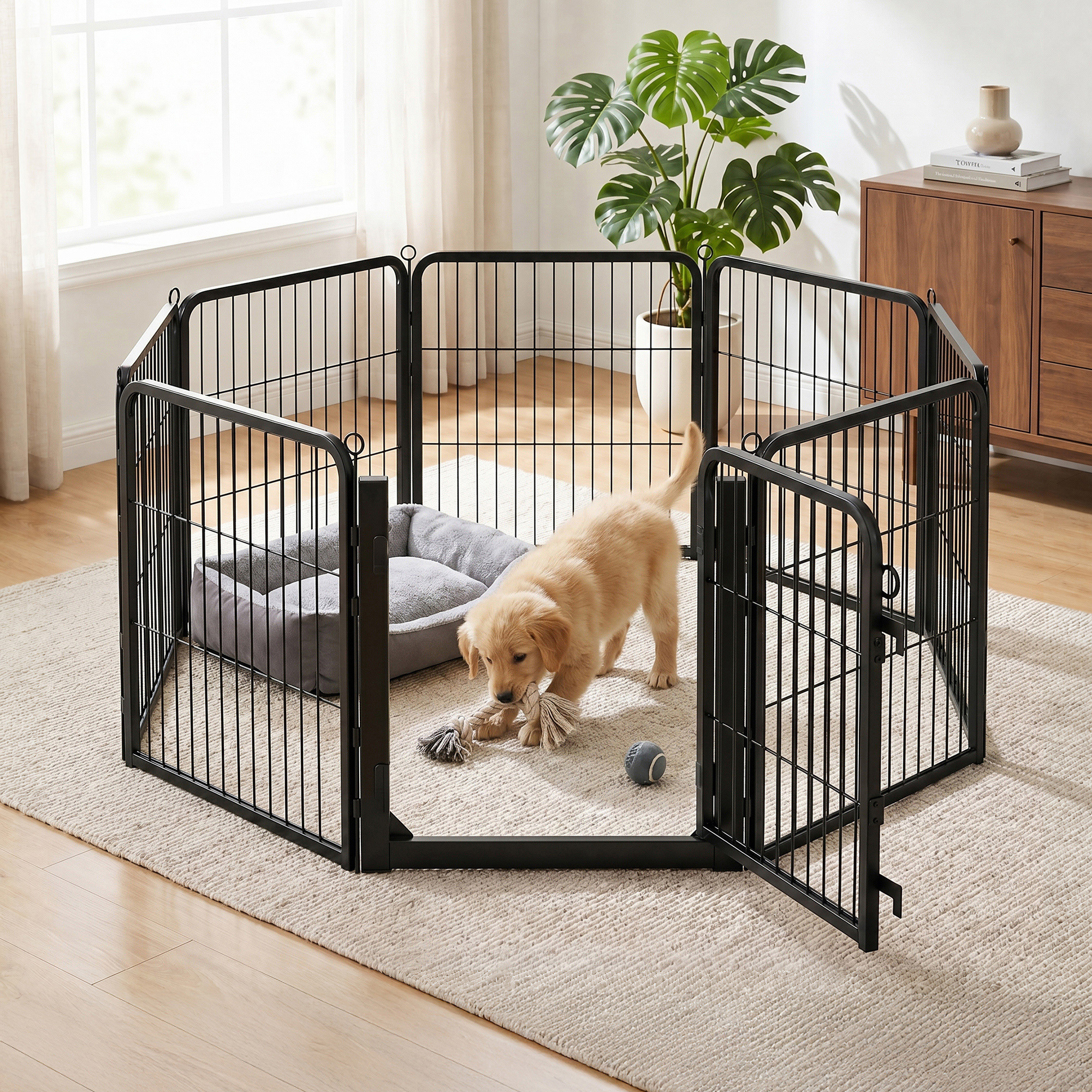 TEMU Parc pour chien 8 panneaux, barrière pour animal de compagnie en acier robuste 54,5 x 54,5 ,6 pouces, noir