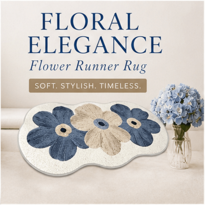 TEMU Tapis de couloir de chambre à fleurs bleues, tapis de sol décoratif à motif floral beige doux et bleu marine, 60 x 80 cm ou 50 x 120 cm, tapis